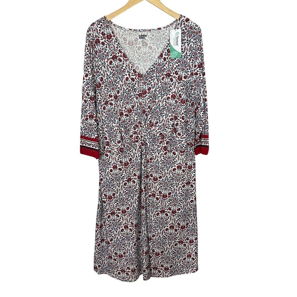 Lands End Maxi Dress Womens 1X Twist V Neck Micro Floral Stretch Long Cottage